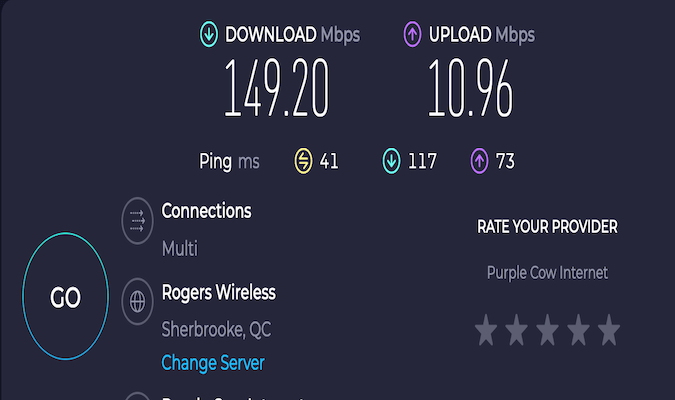Speed test results page with the speeds for Downloads and Uploads shown.