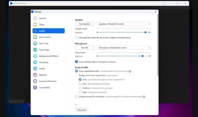 Screenshot of Zoom settings with audio settings shown.