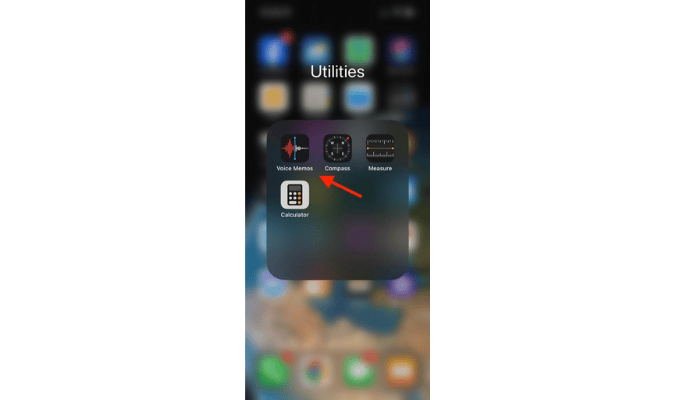 Screenshot of iPhone apps with a red arrow pointing to the Voice Memos app.