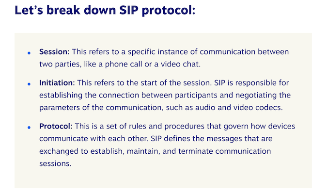 Three parts of SIP protocol including Session, Initiation, and Protocol.