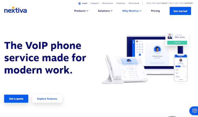 Nextiva VoIP landing page with a button to click to get a quote and a button to click to explore features.