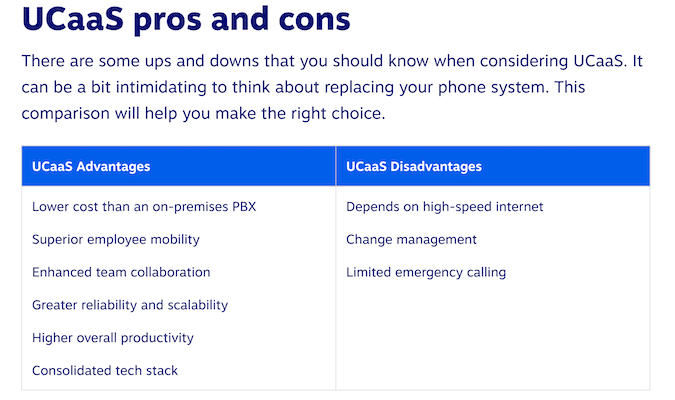 UCaaS pros and cons comparison chart from Nextiva.