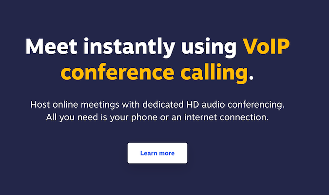 Nextiva conference call landing page with a button to learn more.