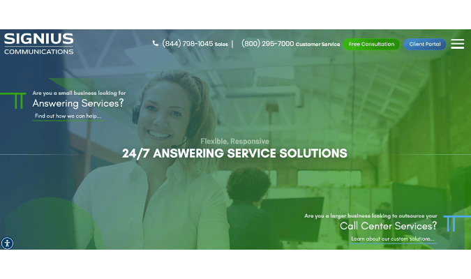 Signius homepage for 24/7 answering services.