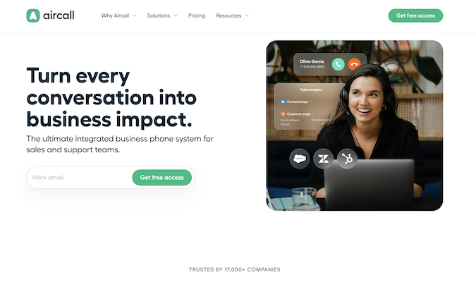 Aircall lets you turn every conversation into business impact. It's the ultimate integrated business phone system for sales and support teams.