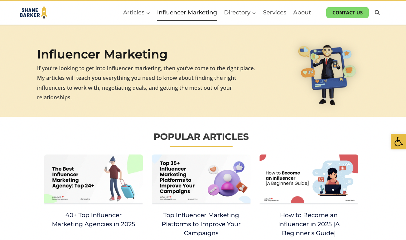 Homepage of Shane Barker&rsquo;s Influencer Marketing section with featured articles.