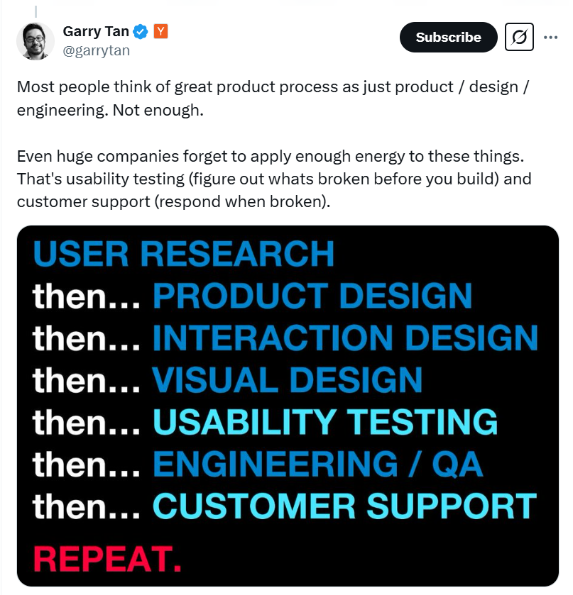 Post by Garry Tan highlighting the importance of usability testing. 