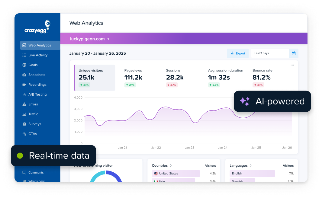 Crazy Egg web analytics dashboard showing real-time traffic data and AI-powered insights.