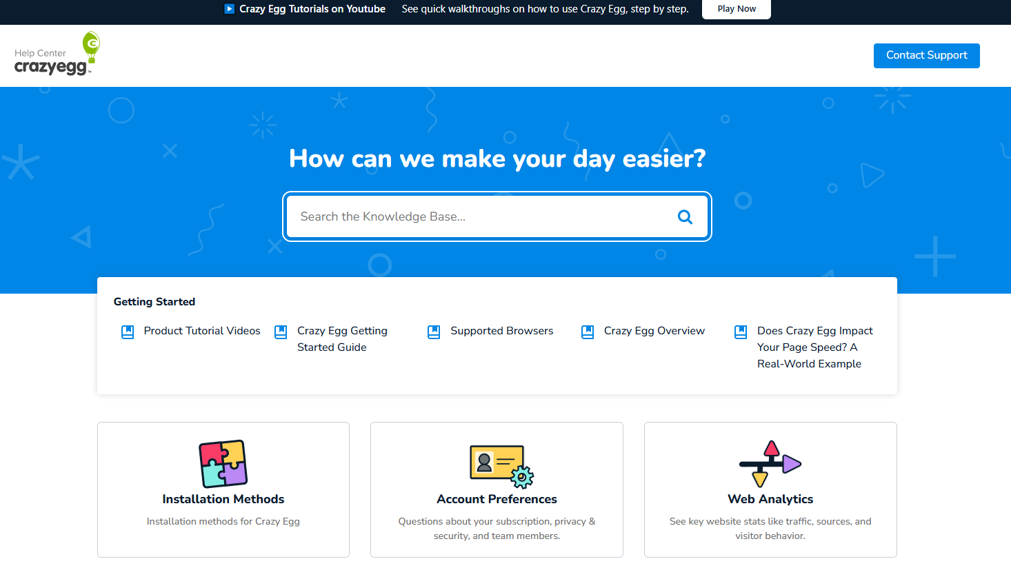 Crazy Egg Help Center homepage with a search bar and Getting Started links for installation, account preferences, and web analytics.